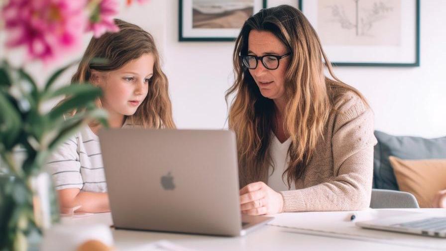 Eine Frau und ihre Tochter betrachten den Bildschirm eines Laptops 